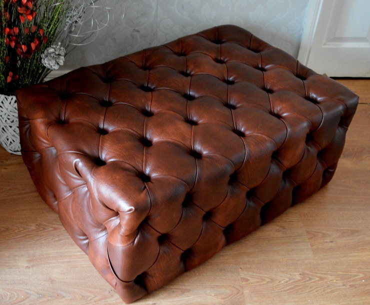 Deep Buttoned All Over Large Footstool Upholstered In a Premium Chestnut Faux Leather