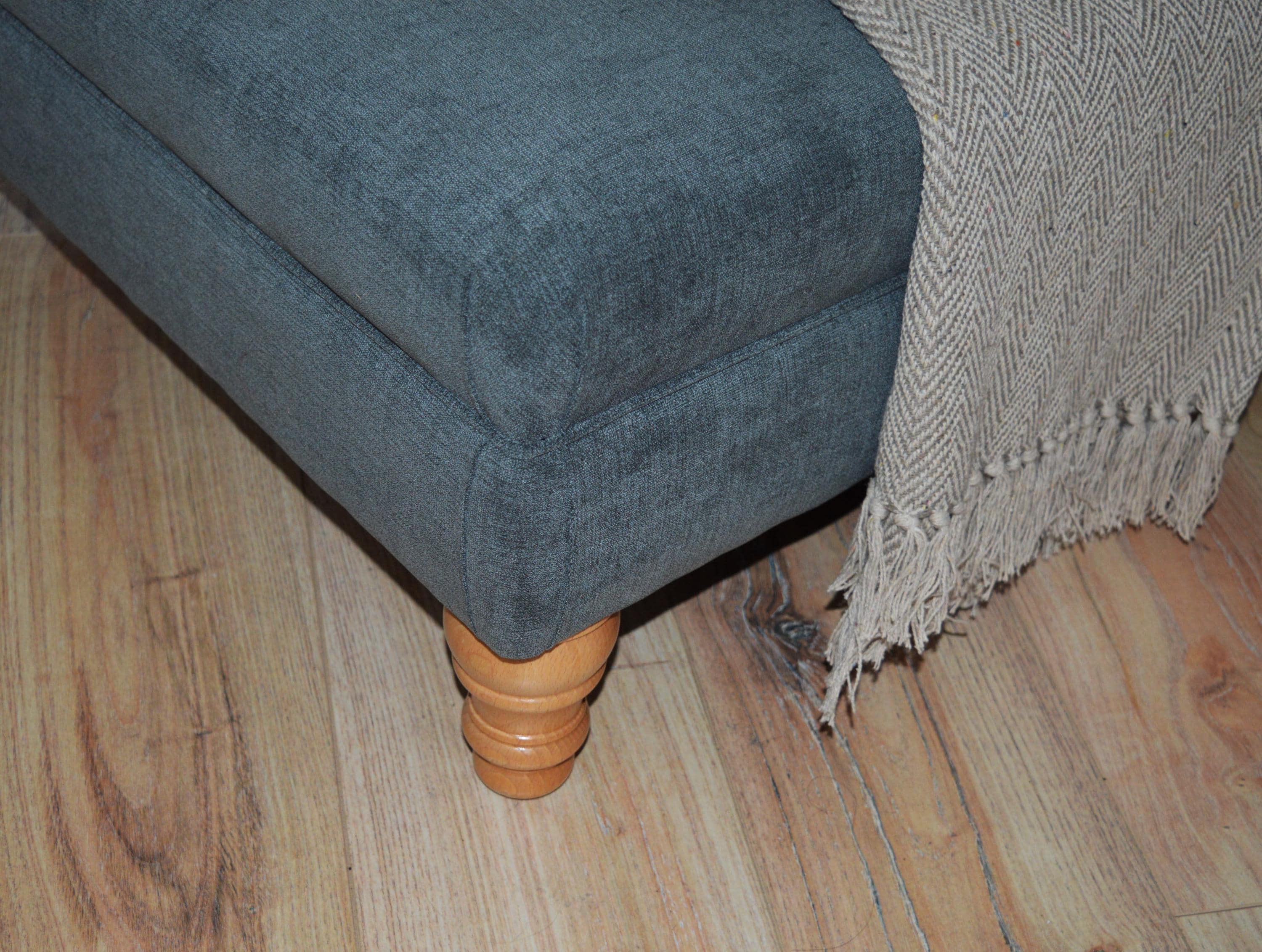 Extra Large Flat Top Footstool With Piping Detail  in Grey Velvet With Oak Turned Hard Wood Legs