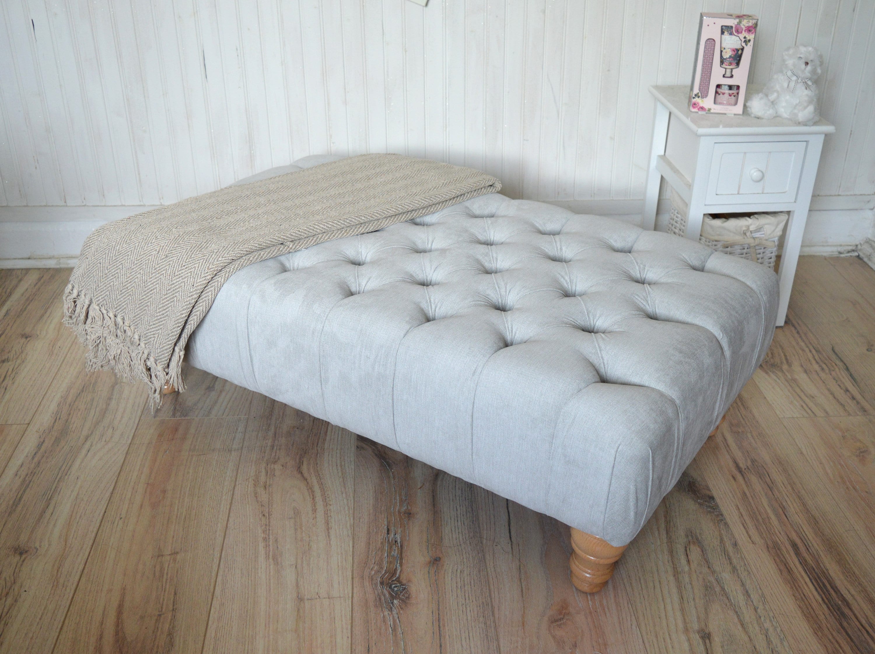 Chesterfield Style Deep Buttoned Footstool in Casino Silver Fabric  With Oak Hardwood Legs