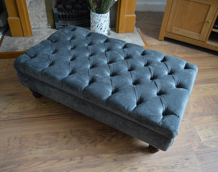 Chesterfield Deep Buttoned Footstool in  Crush Charcoal Fabric With Turned Wood Legs