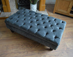 Chesterfield Deep Buttoned Footstool in  Crush Charcoal Fabric With Turned Wood Legs