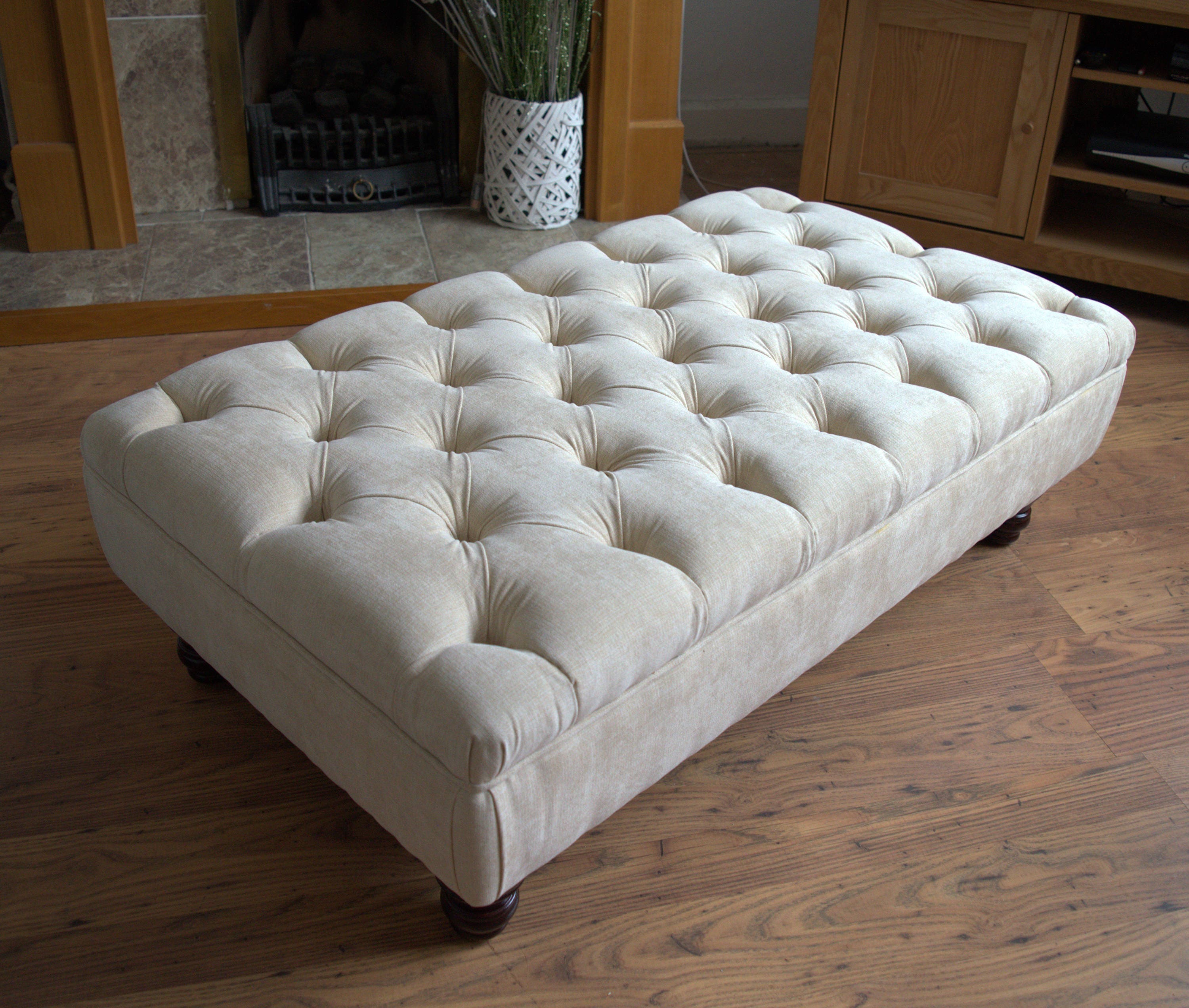 Chesterfield Deep Buttoned Footstool in Casino  Beige Fabric With Turned Mahogany Wood Legs