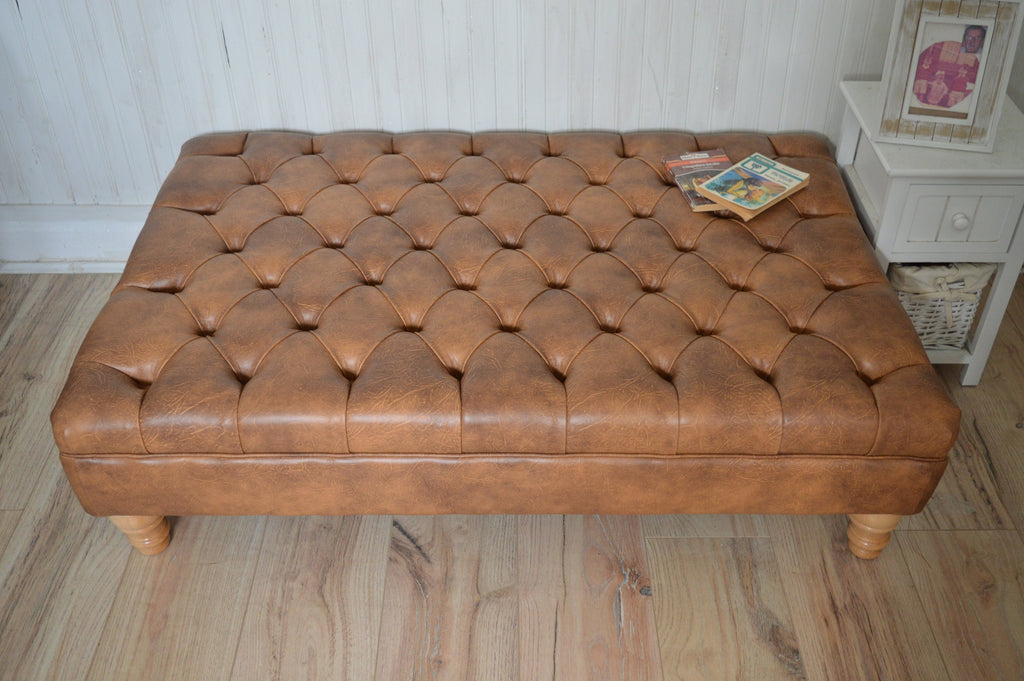 Chesterfield Extra Large Deep Buttoned Footstool in Premium Tan Faux Leather With Oak Turned Hardwood Legs
