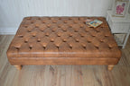 Chesterfield Extra Large Deep Buttoned Footstool in Premium Tan Faux Leather With Oak Turned Hardwood Legs