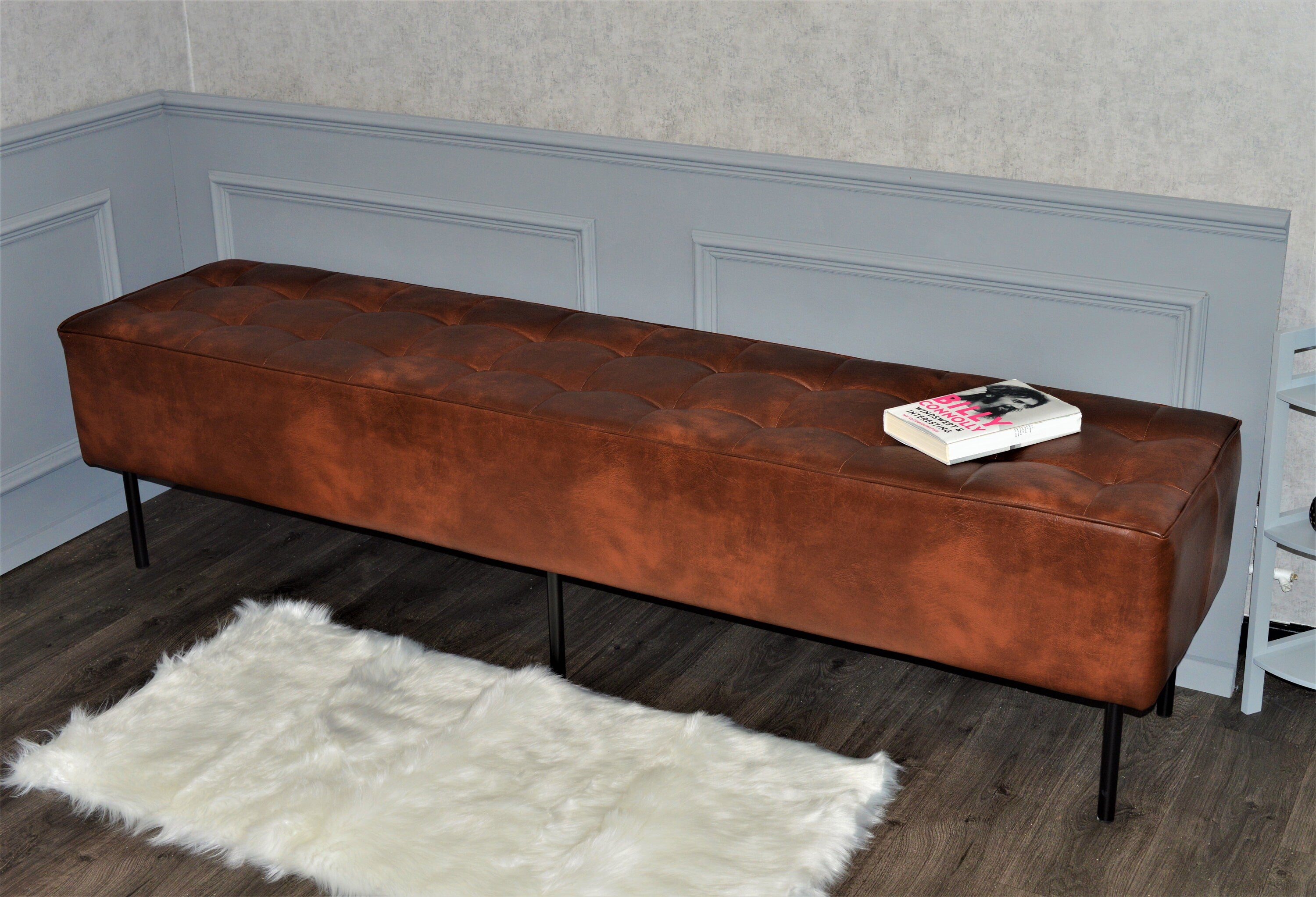 Extra Large 2mtr Bench Seating Style Chesterfield Buttoned Footstool  in Premium Faux Chestnut Leather With metal Legs