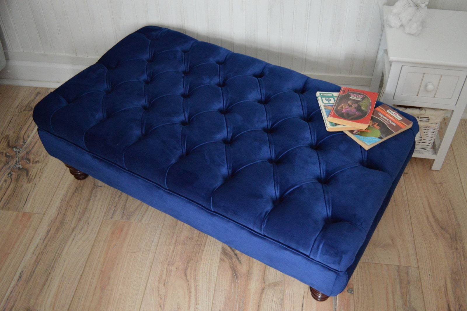 Chesterfield Deep Buttoned Footstool in Royal Blue Velvet With Mahogany Turned Hard Wood Legs