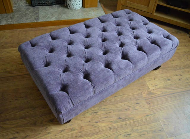 Chesterfield Style Deep Buttoned Footstool in Casino Plum Fabric With Turned Mahogany Hard Wood Legs