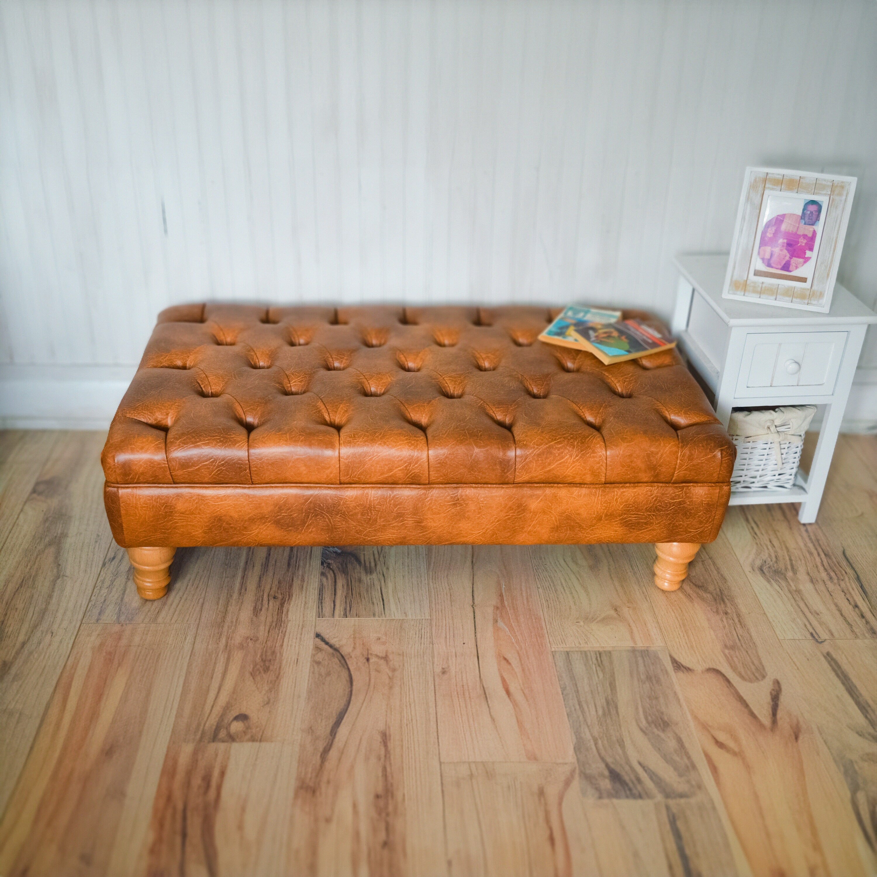 Handmade Faux Leather Chesterfield Footstool – Multifunctional Ottoman/Coffee Table/Footrest - Easy Clean Surface