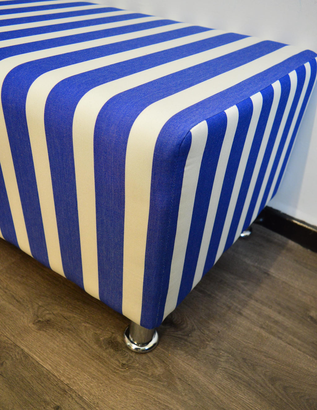 2 Str Size High Seating Bench Footstool With Fix To Wall Back Cushion in Water Resistent Coastal Blue Stripe Fabric