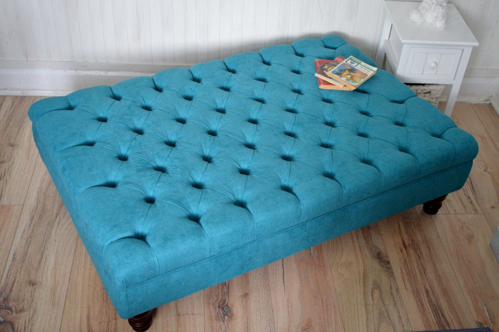 Chesterfield Extra Large Deep Buttoned Footstool in Rachael Teal With Turned Hardwood Legs
