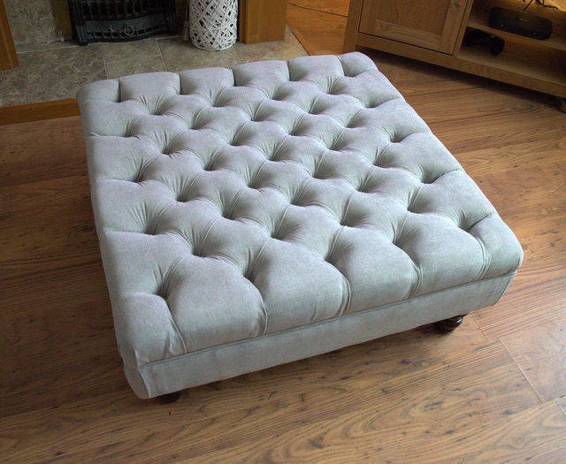 Square  Style Deep Buttoned Footstool in Casino Crush Silver Fabric With Turned Hard Wood Legs