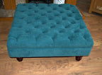 Square Chesterfield Style Deep Buttoned Footstool in Casino Crush Teal Fabric With Turned Hard Wood Legs