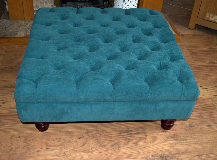 Square Chesterfield Style Deep Buttoned Footstool in Casino Crush Teal Fabric With Turned Hard Wood Legs