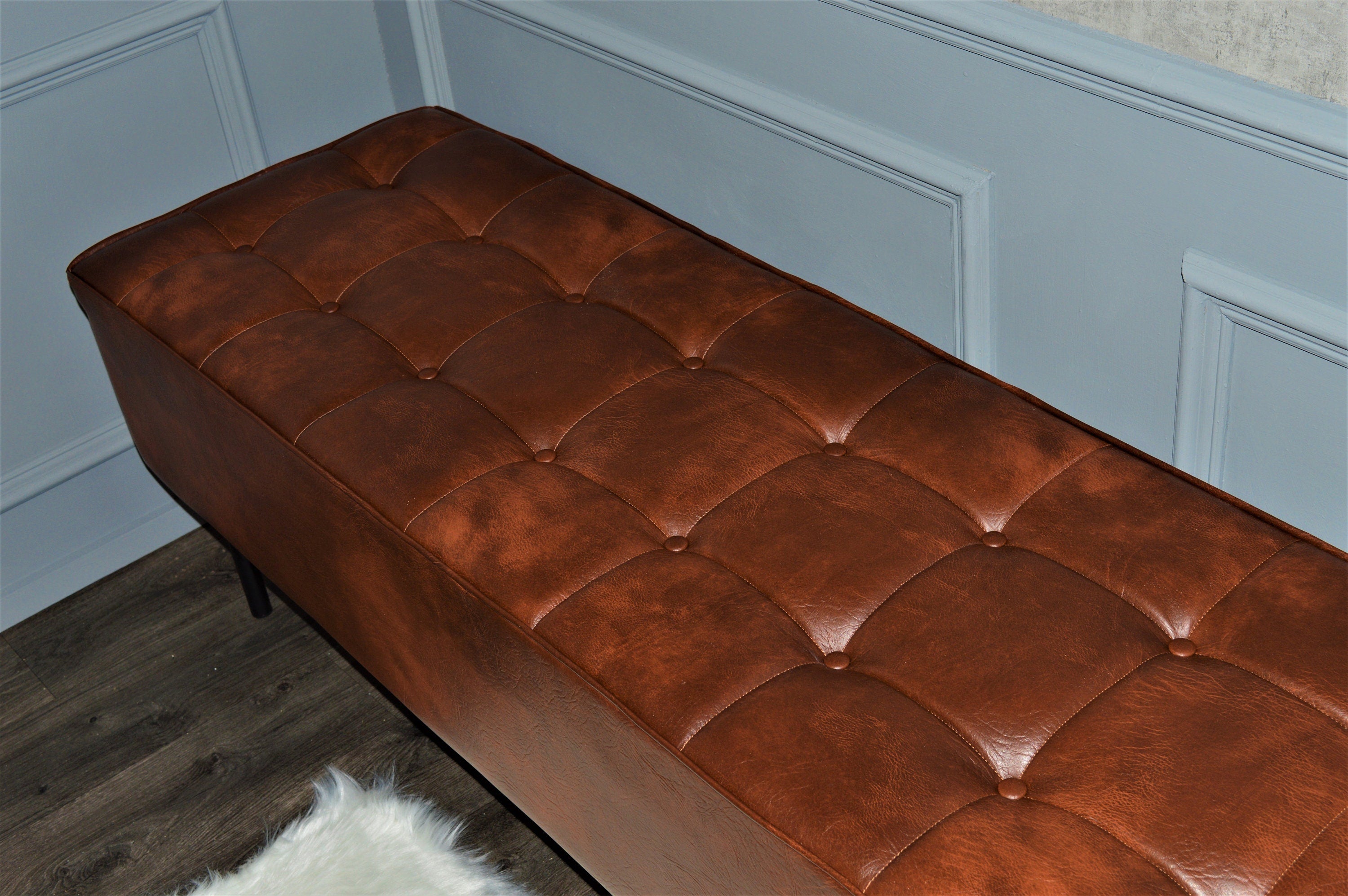 Extra Large 2mtr Bench Seating Style Chesterfield Buttoned Footstool  in Premium Faux Chestnut Leather With metal Legs