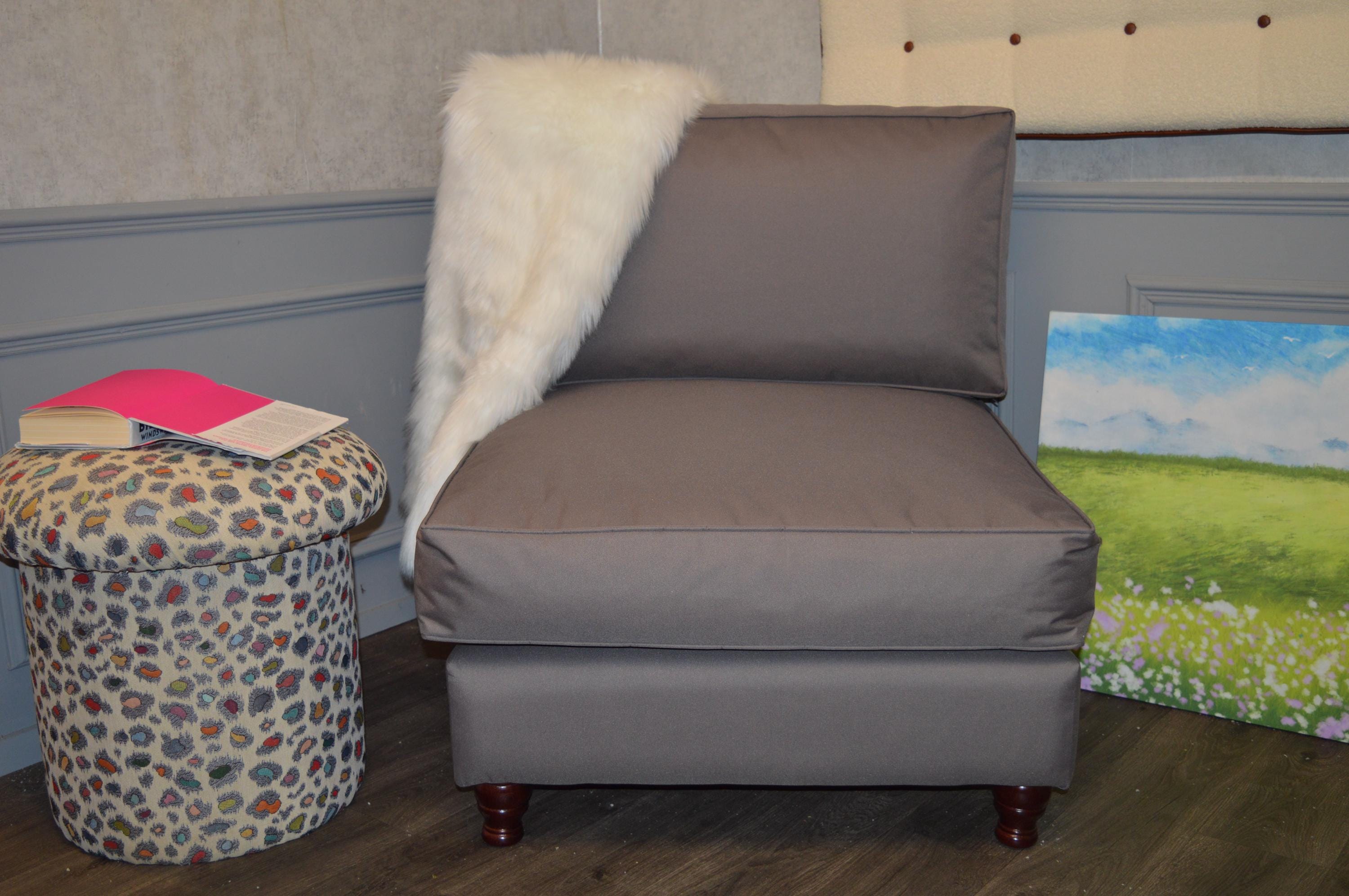 Stylish Chair For Indoor And OutDoor Use in Grey Water Resistant Fabric With Mahogany Wood Legs