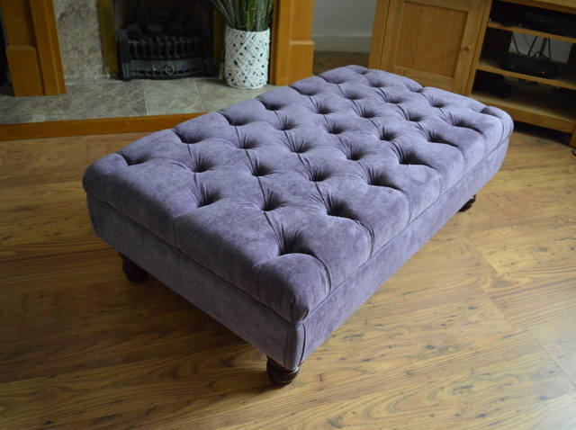 Chesterfield Style Deep Buttoned Footstool in Casino Plum Fabric With Turned Mahogany Hard Wood Legs