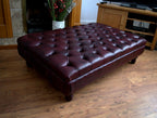 Chesterfield Extra Large Deep Buttoned Footstool in Premium Wine Faux Leather With Turned Hardwood Legs