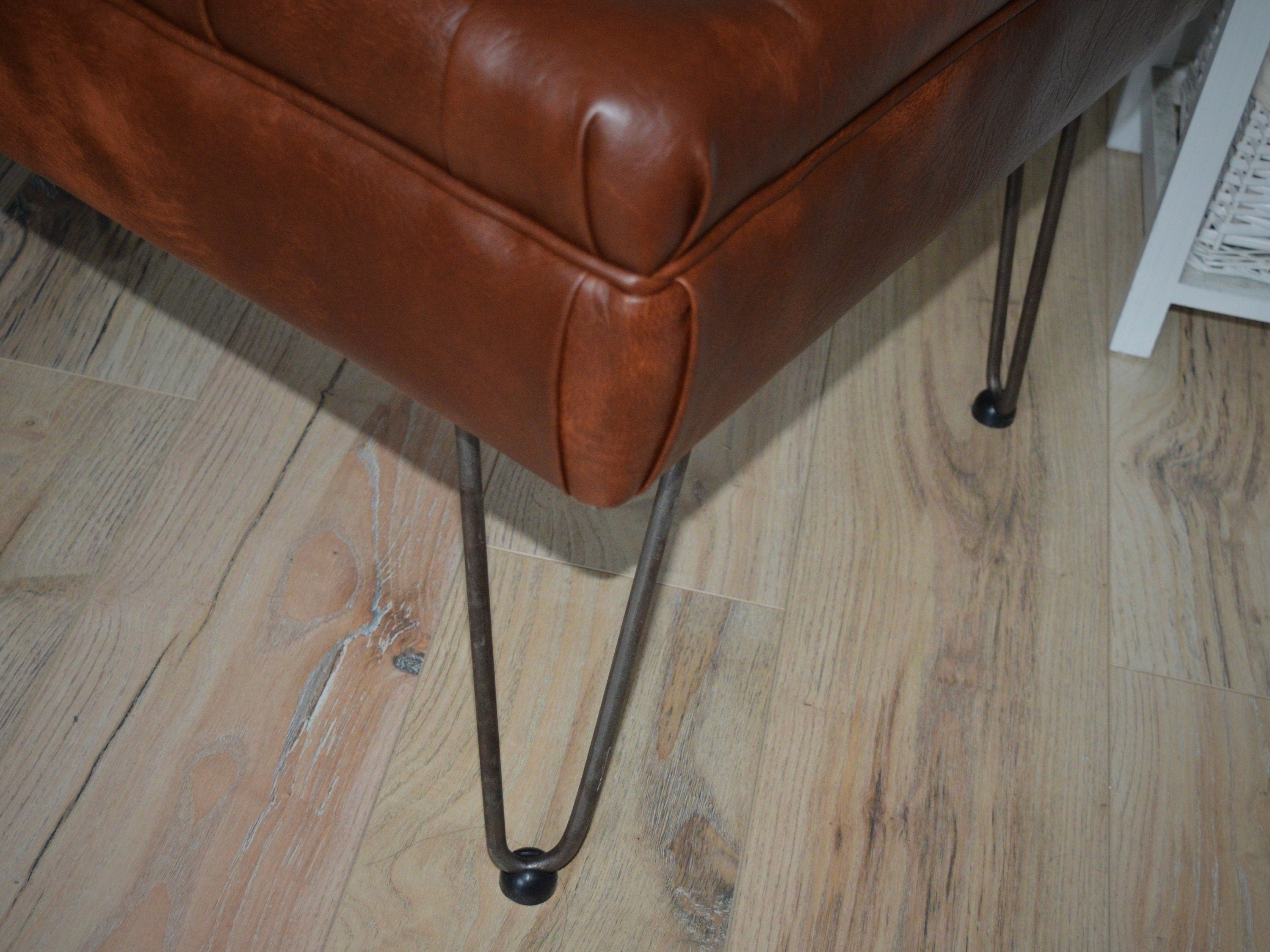 Bench Seating Style Chesterfield Buttoned Footstool  in Premium Faux Chestnut Leather With Hairpin Legs