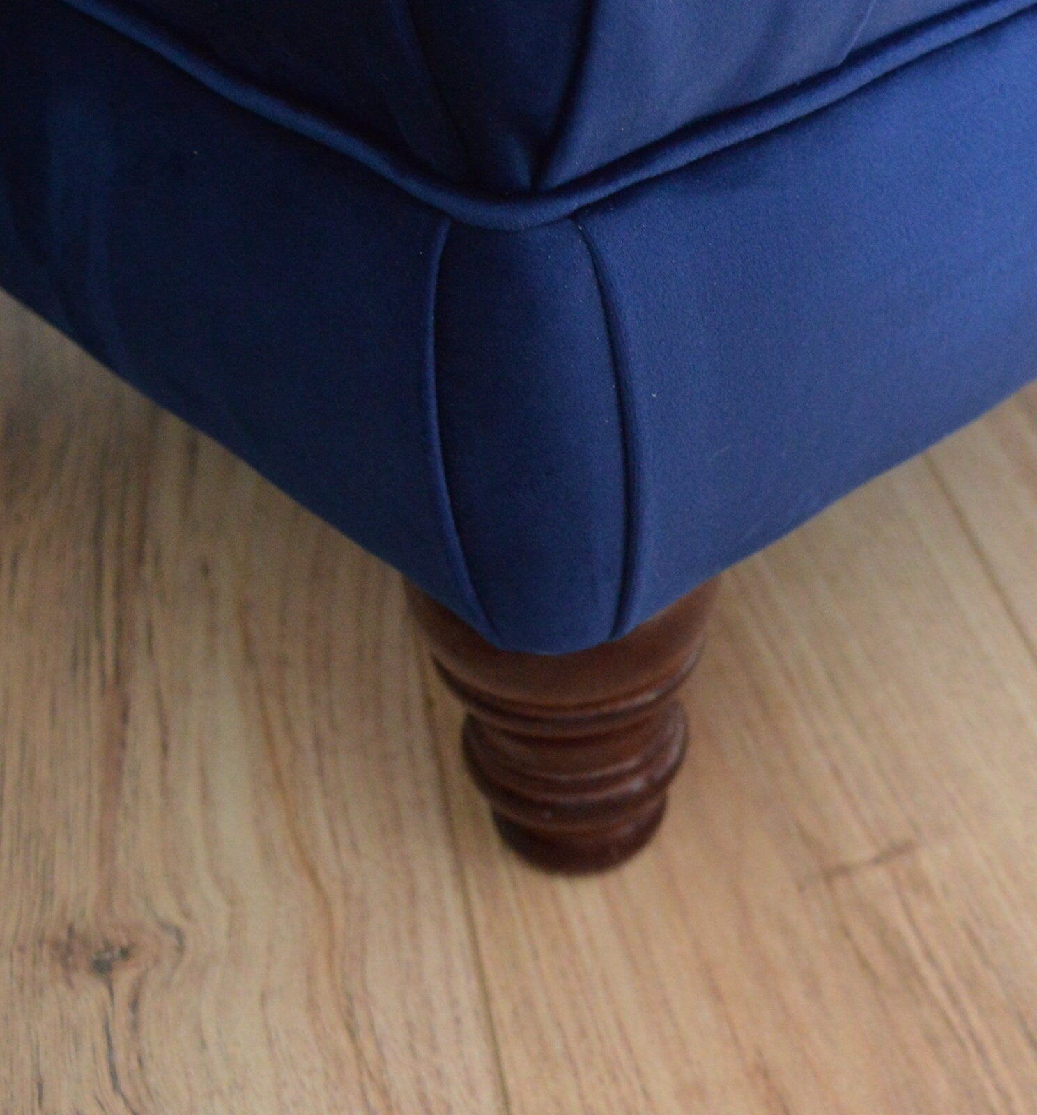 Chesterfield Deep Buttoned Footstool in Royal Blue Velvet With Mahogany Turned Hard Wood Legs