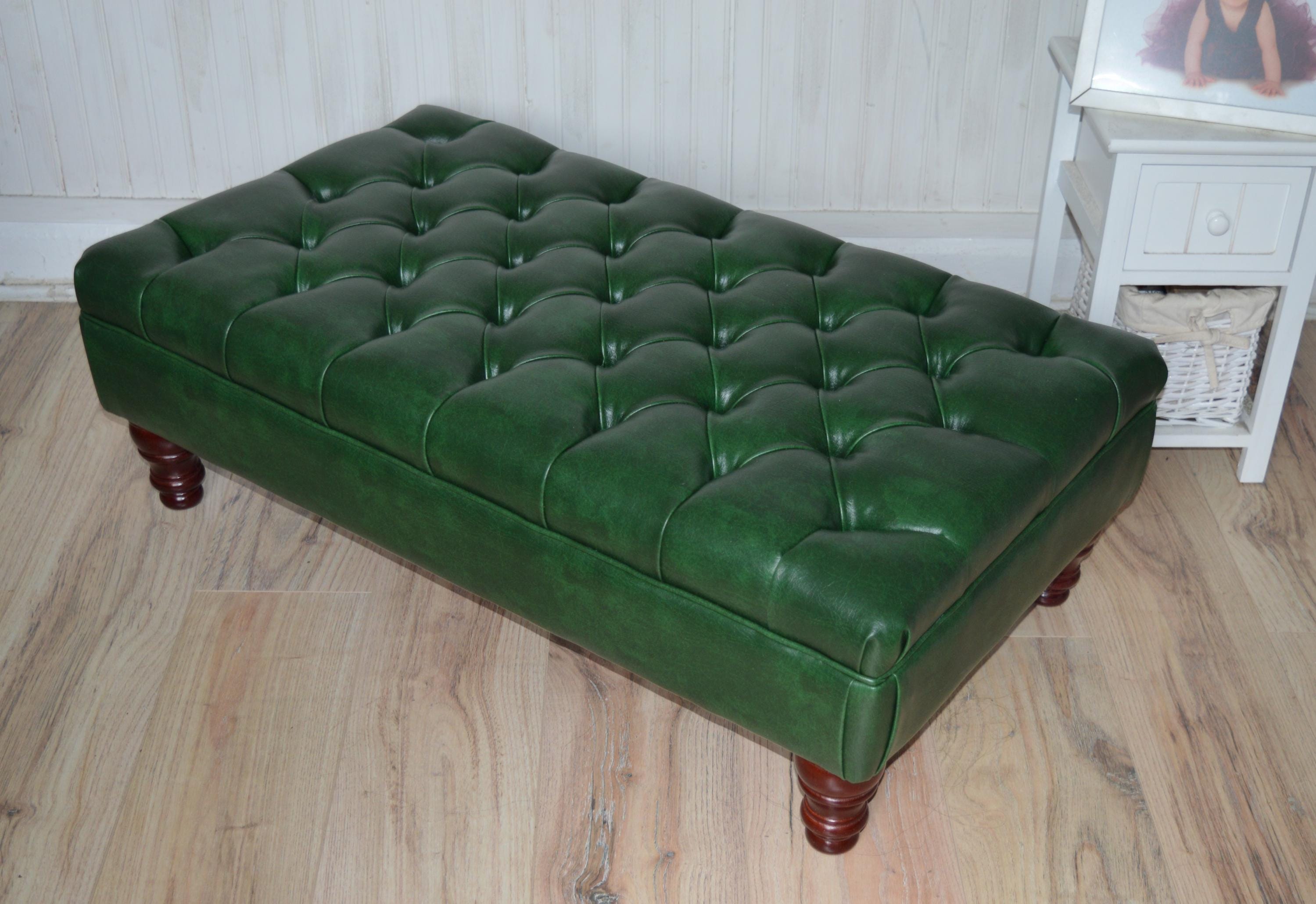 Chesterfield Style Deep Buttoned Footstool in Premium Green Faux Leather With Turned Mahogany Hardwood Legs