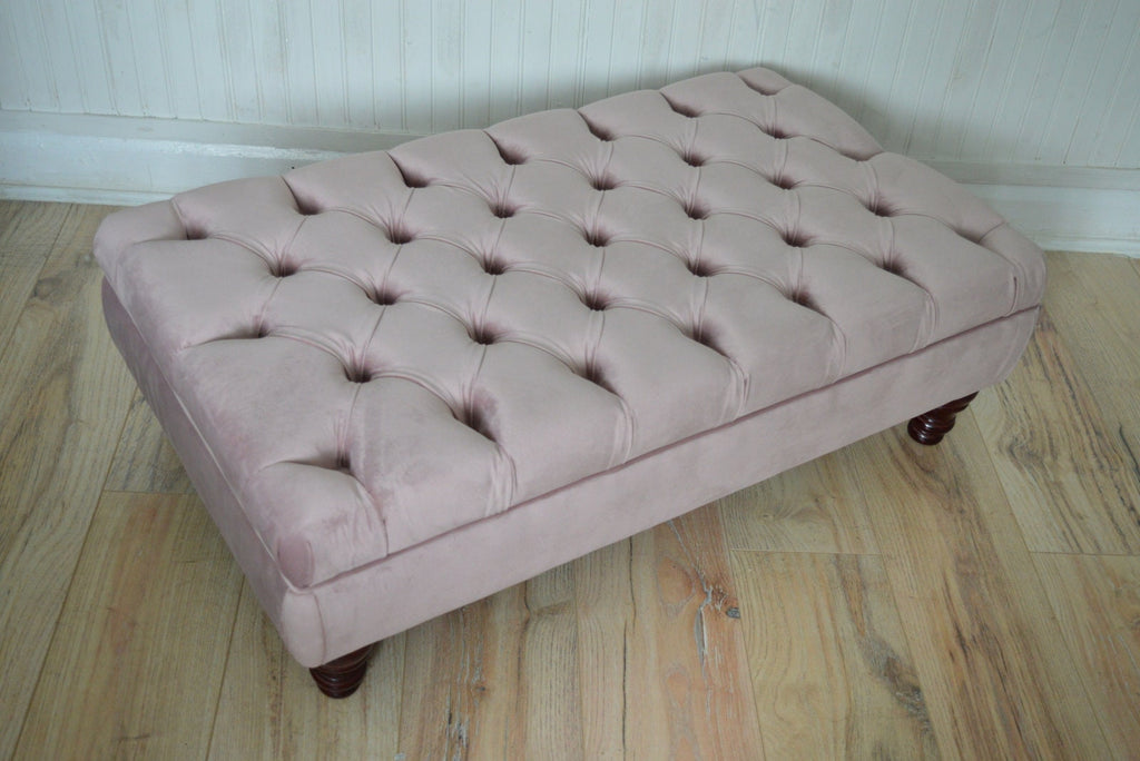 Chesterfield Deep Buttoned Footstool in Blush Pink Velvet With Mahogany Turned Hard Wood Legs