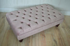 Chesterfield Deep Buttoned Footstool in Blush Pink Velvet With Mahogany Turned Hard Wood Legs
