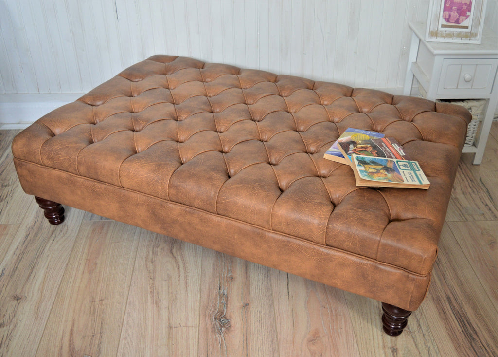 Chesterfield Extra Large Deep Buttoned Footstool in Premium Tan Faux Leather With Mahogany Turned Hardwood Legs