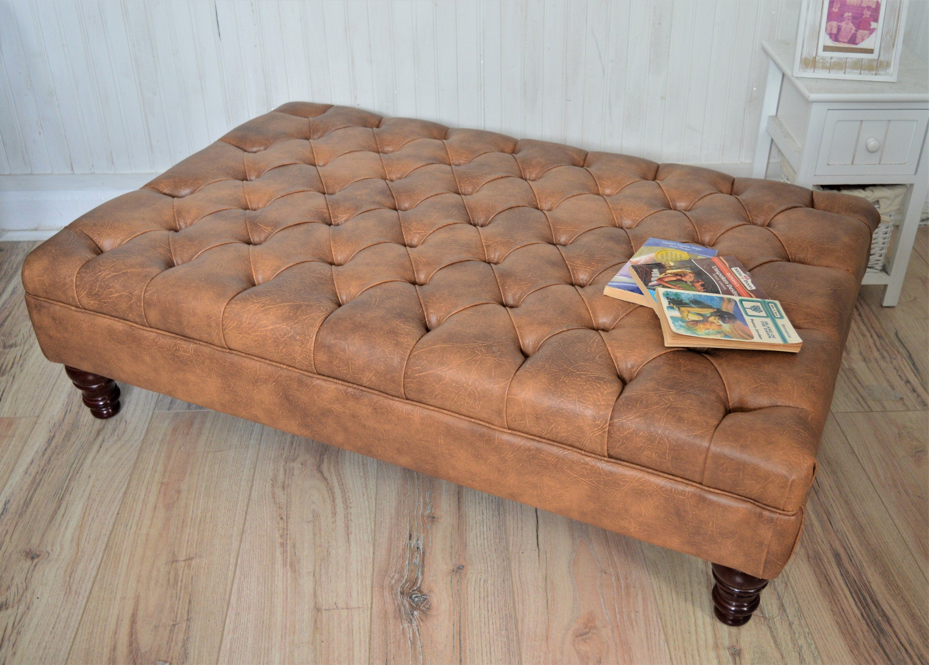 Chesterfield Extra Large Deep Buttoned Footstool in Premium Tan Faux Leather With Mahogany Turned Hardwood Legs