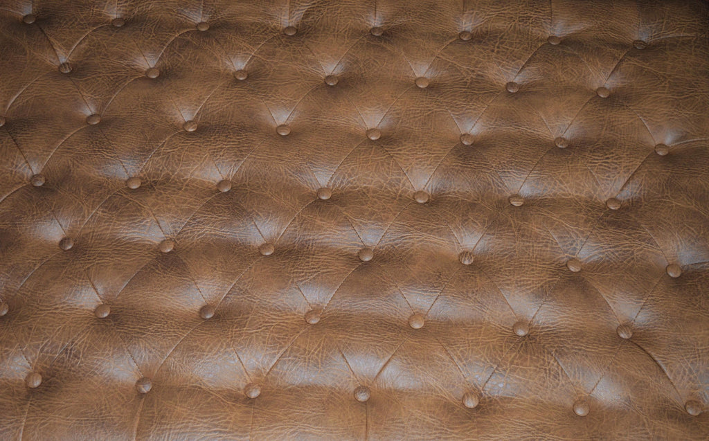 Chesterfield Extra Large Top Stitch Design Buttoned Footstool in Premium Tan Faux Leather With Mahogany Turned Hardwood Legs