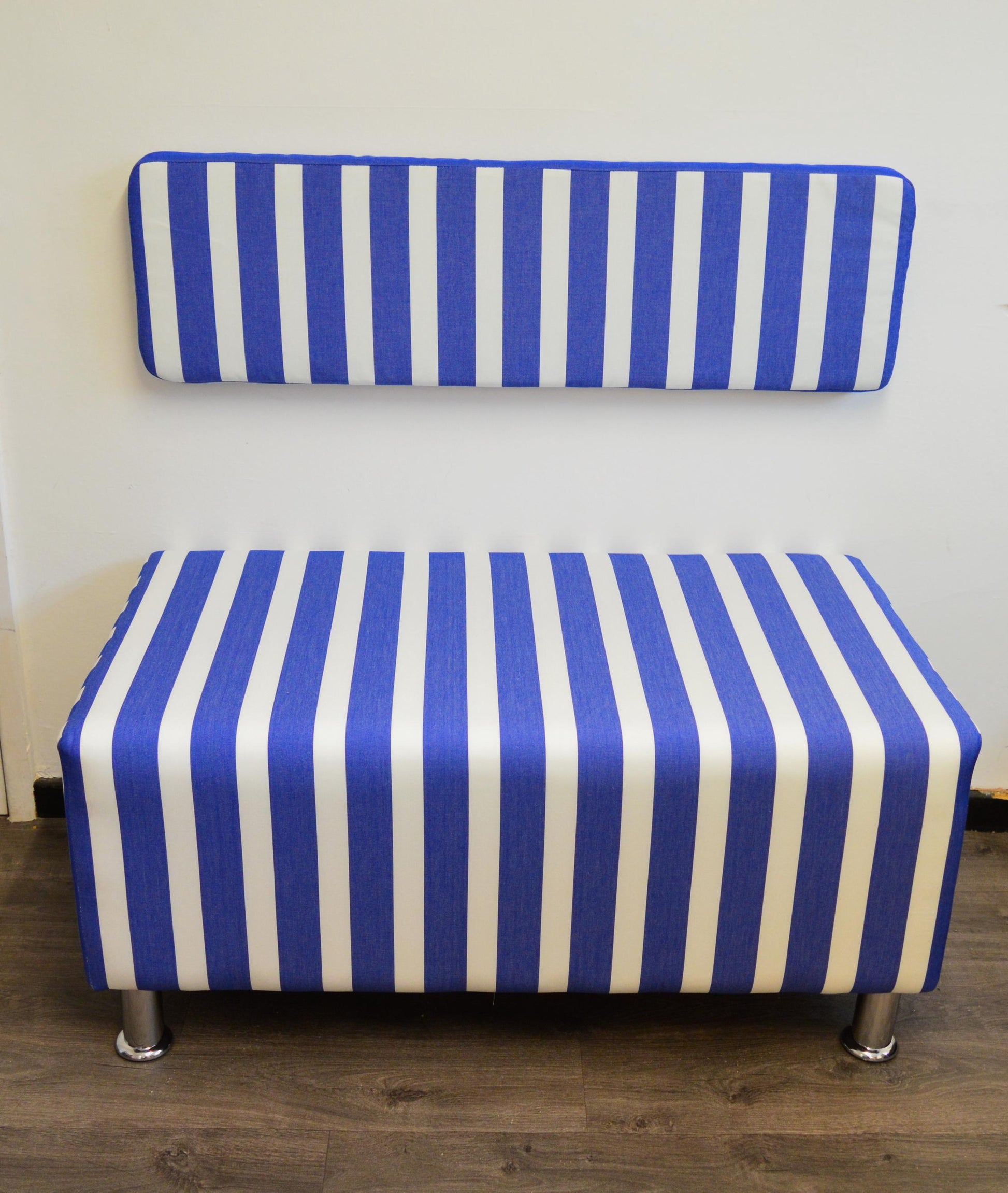2 Str Size High Seating Bench Footstool With Fix To Wall Back Cushion in Water Resistent Coastal Blue Stripe Fabric
