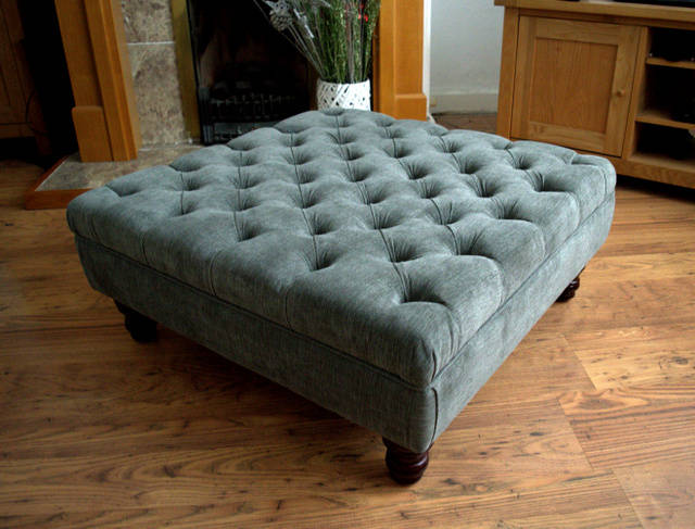 Square Chesterfield Style Deep Buttoned Footstool in Casino Crush Charcoal Grey  Fabric With Turned Hard Wood Legs