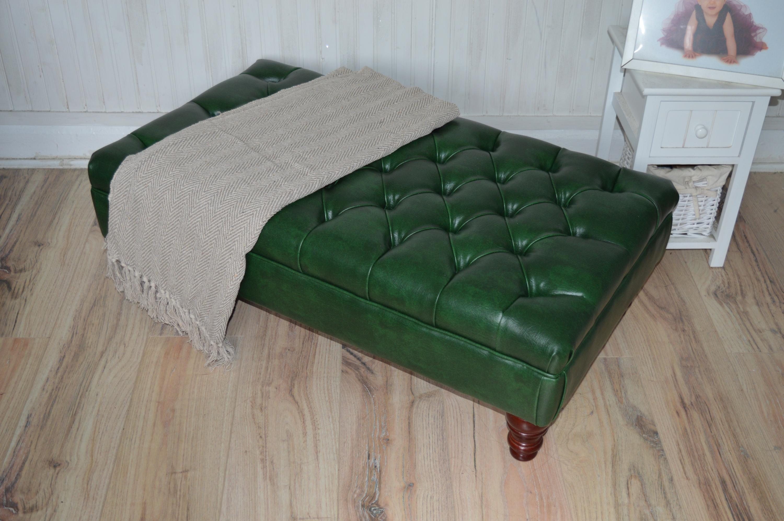 Chesterfield Style Deep Buttoned Footstool in Premium Green Faux Leather With Turned Mahogany Hardwood Legs
