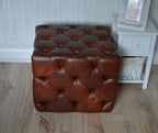 Deep Buttoned All Over Cube Footstool Upholstered In a Premium Chestnut Faux Leather
