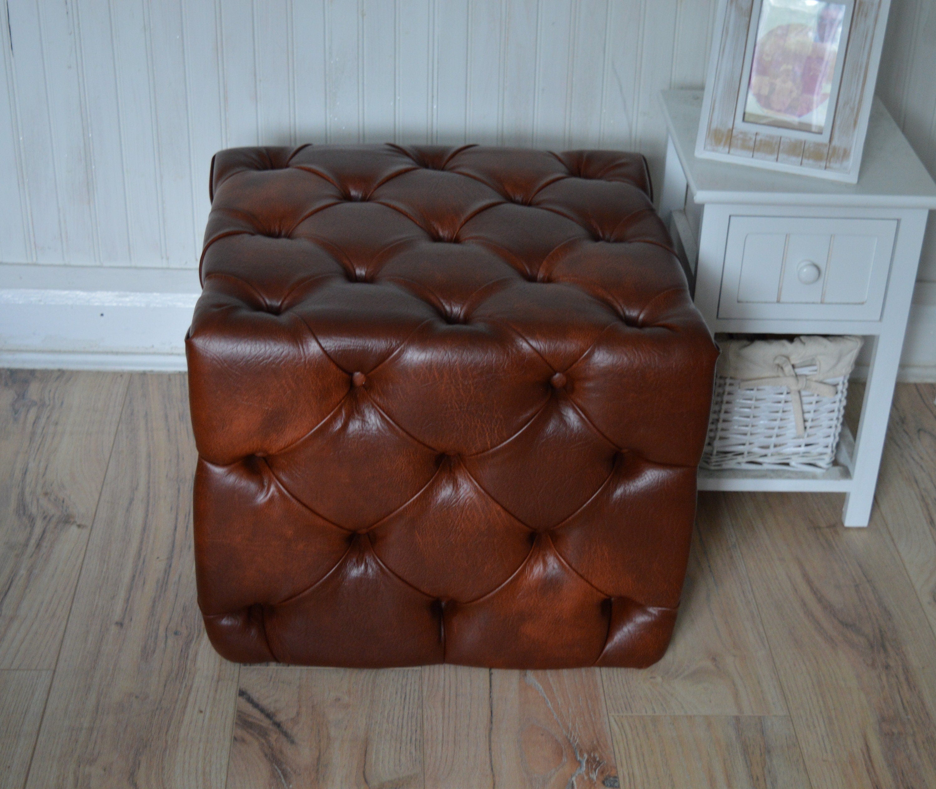 Deep Buttoned All Over Cube Footstool Upholstered In a Premium Chestnut Faux Leather