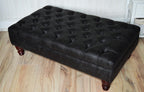 Handmade Antique Black Faux Suede  Chesterfield Footstool  Coffee Table – Footrest – Oak Turned Hardwood Legs