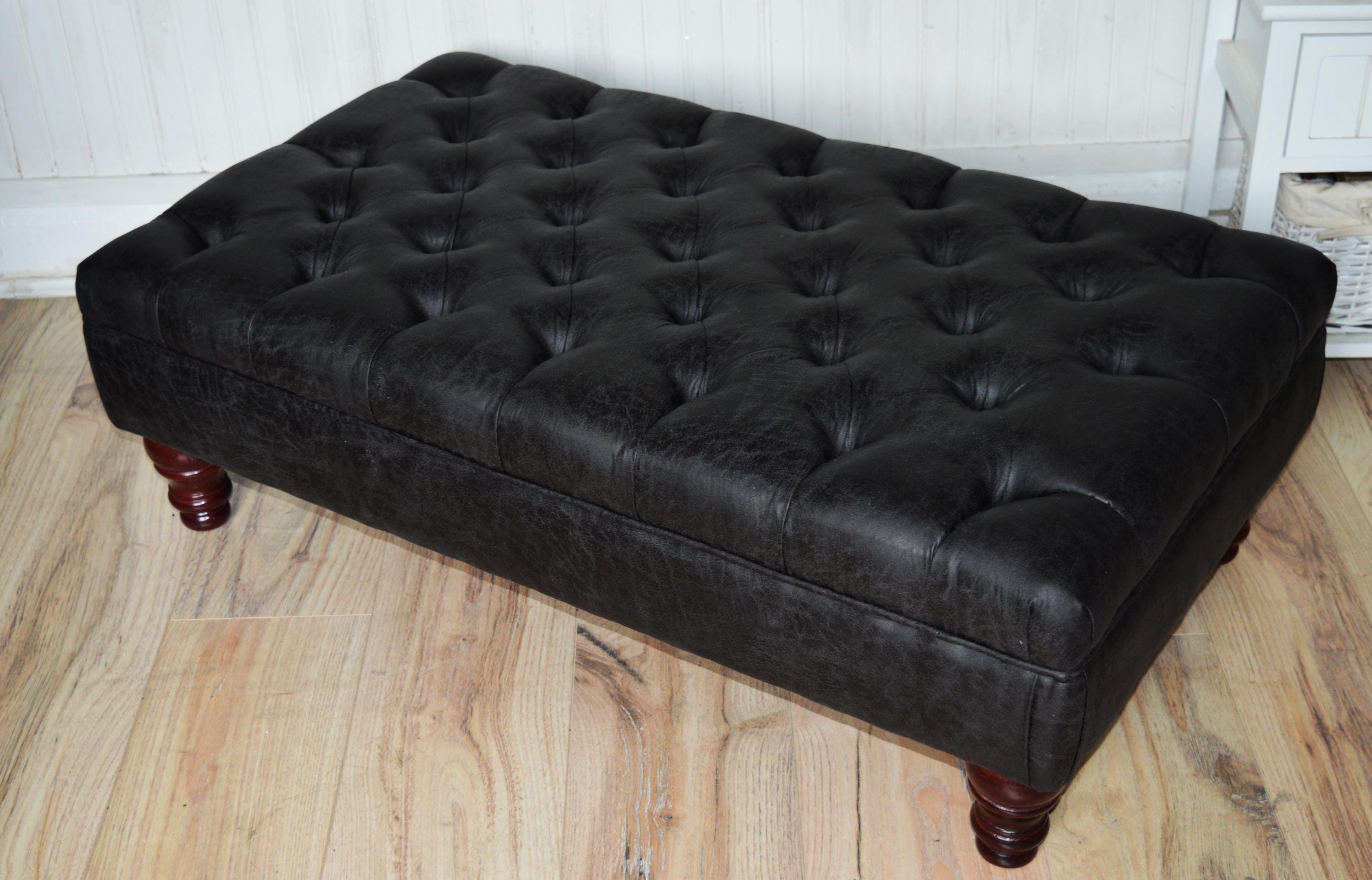 Handmade Antique Black Faux Suede  Chesterfield Footstool  Coffee Table – Footrest – Oak Turned Hardwood Legs
