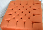 Square Chesterfield Deep Buttoned Footstool in Plush Orange Velvet With Natural Turned Hard Wood Legs