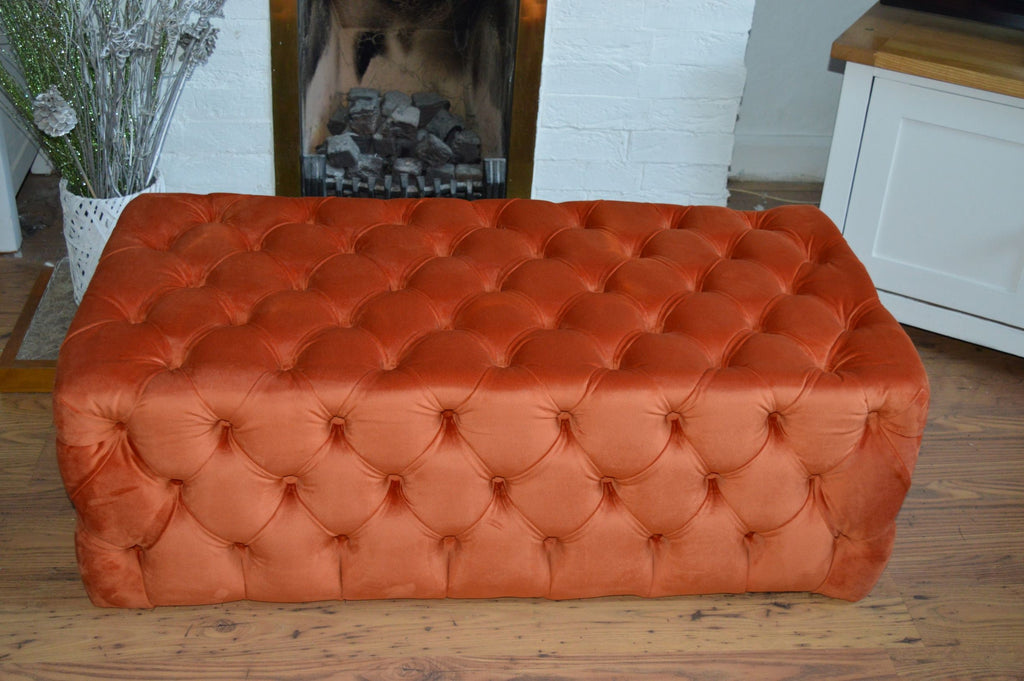 Chesterfield Style Deep Buttoned All Over Extra Large Footstool Upholstered In a Plush Burnt Orange Velvet