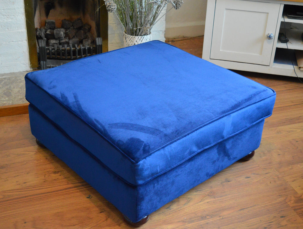 Square Fixed Top Cushion Footstool in Blue Velvet  Fabric With Mahogany Turned Hardwood Legs