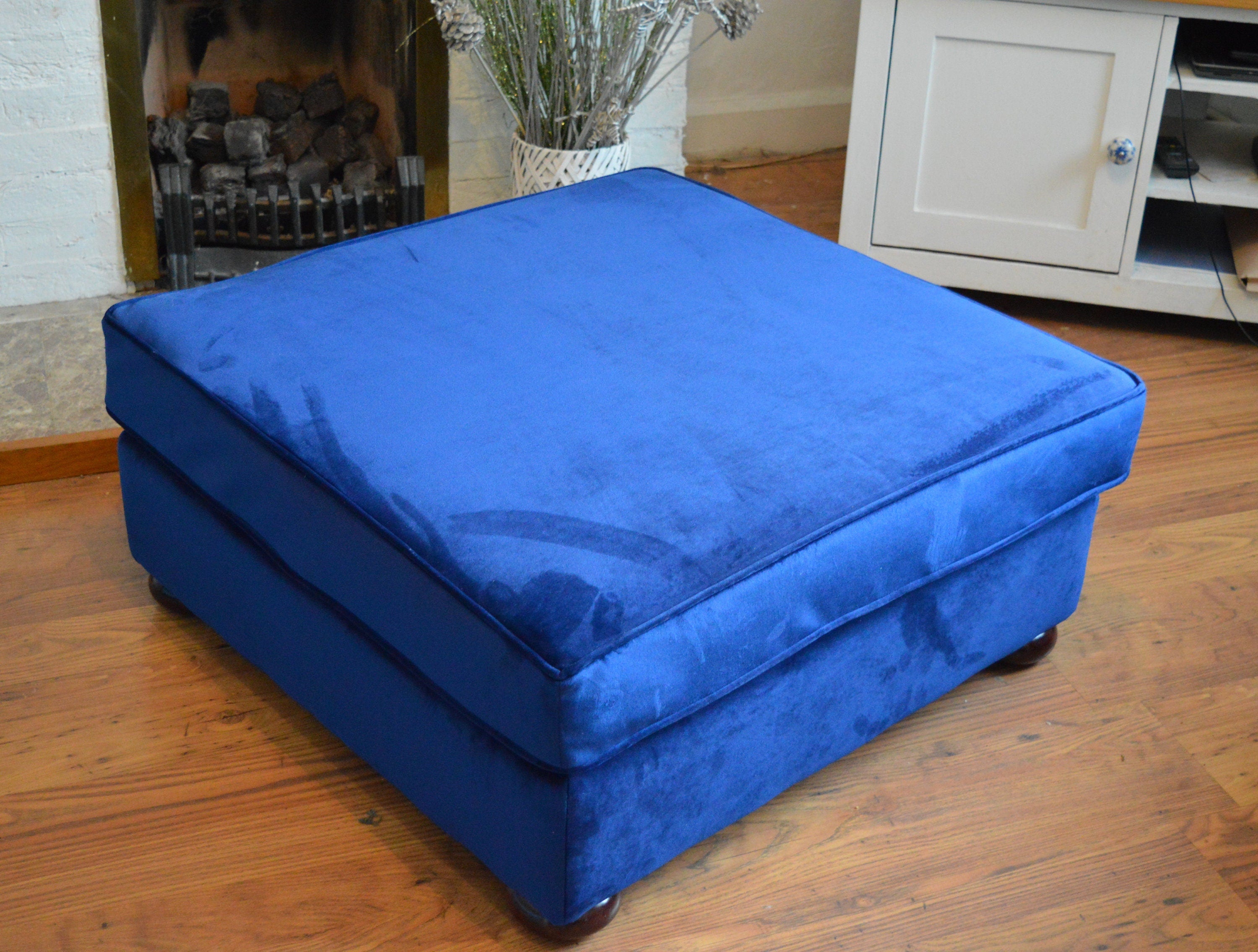 Square Fixed Top Cushion Footstool in Blue Velvet  Fabric With Mahogany Turned Hardwood Legs