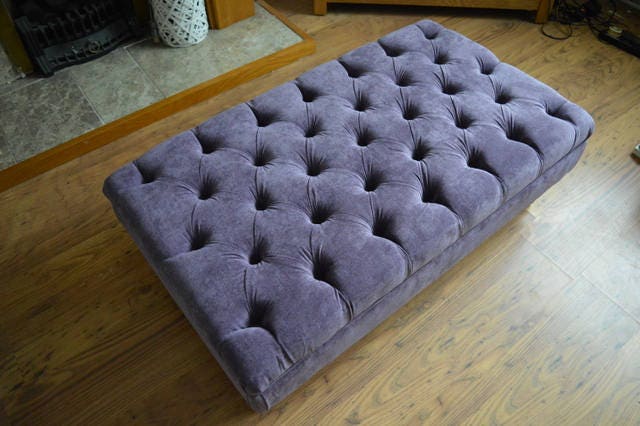 Chesterfield Style Deep Buttoned Footstool in Casino Plum Fabric With Turned Mahogany Hard Wood Legs