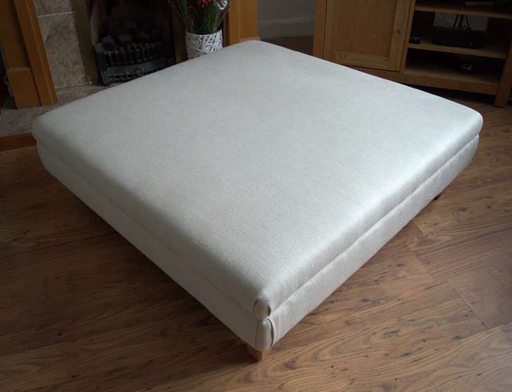 Extra Large Flat Top Footstool in 100% Danila White Sand  linen With Oak Legs Size is 100CM X 100CM