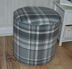 Circular round Drum footstool upholstered in Balmoral Dove Grey Wool Effect Check Fabric