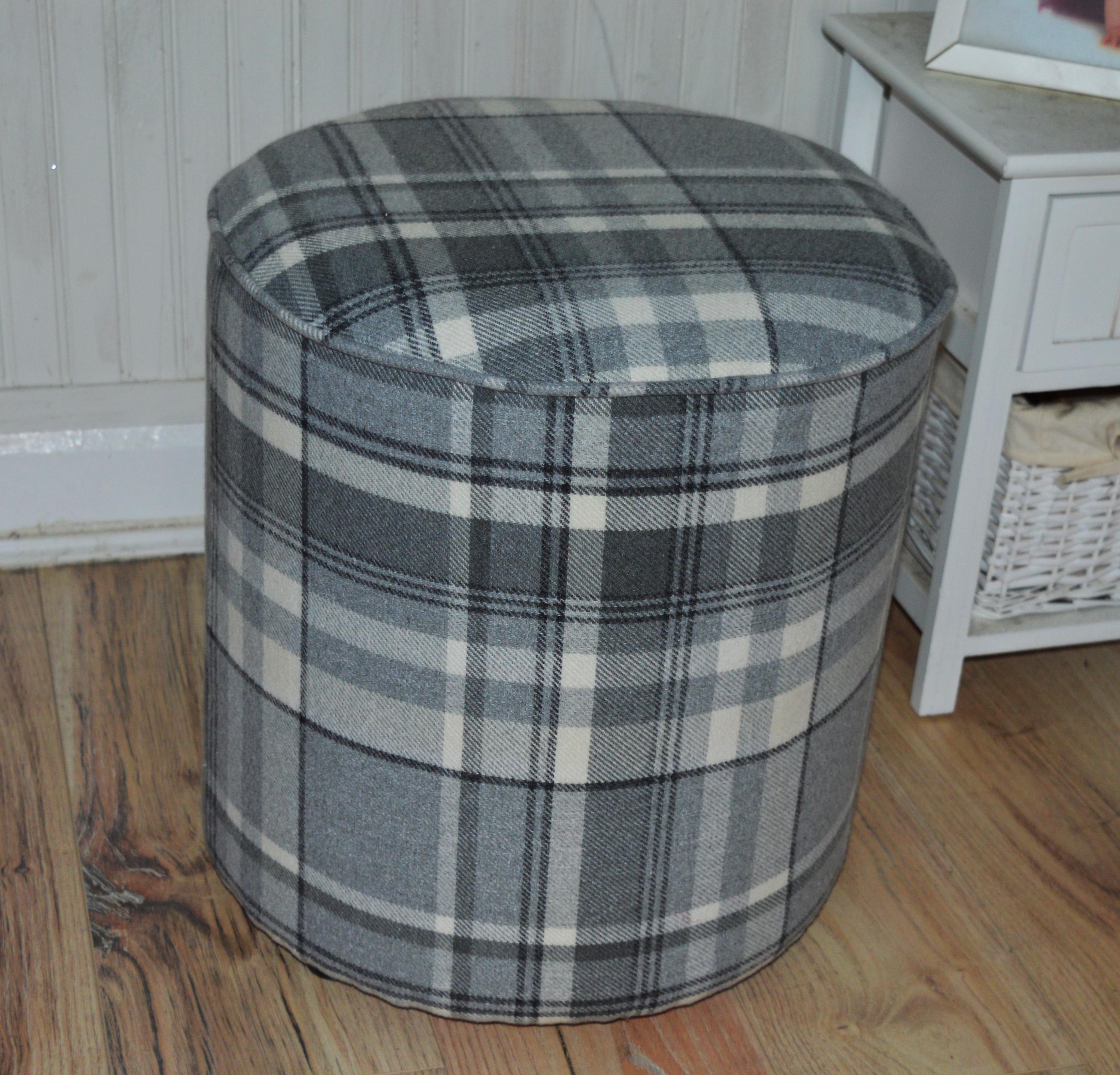 Circular round Drum footstool upholstered in Balmoral Dove Grey Wool Effect Check Fabric