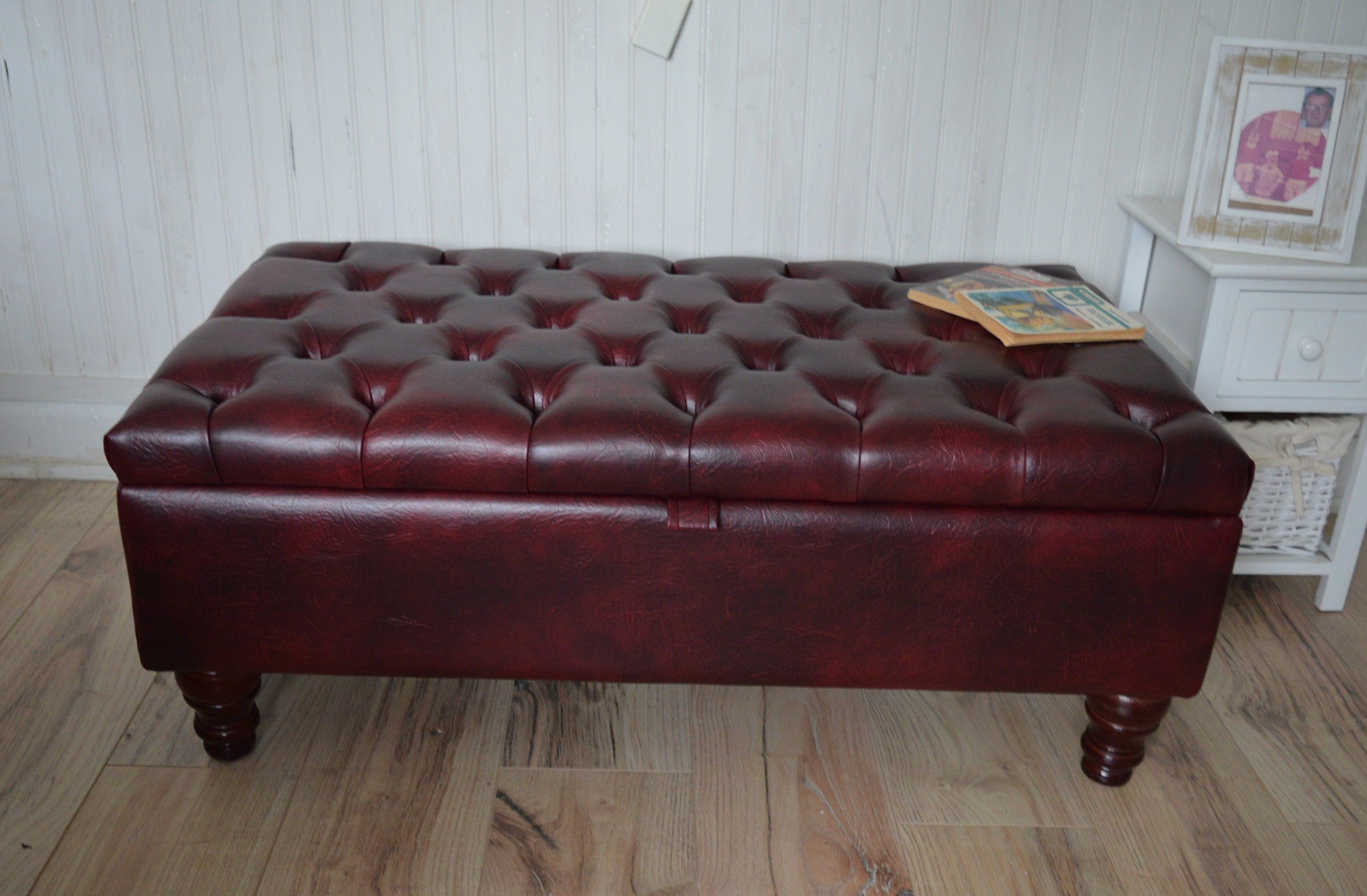 UK Made Chesterfield Deep Buttoned  Footstool With Storage in Premium Wine Faux Leather