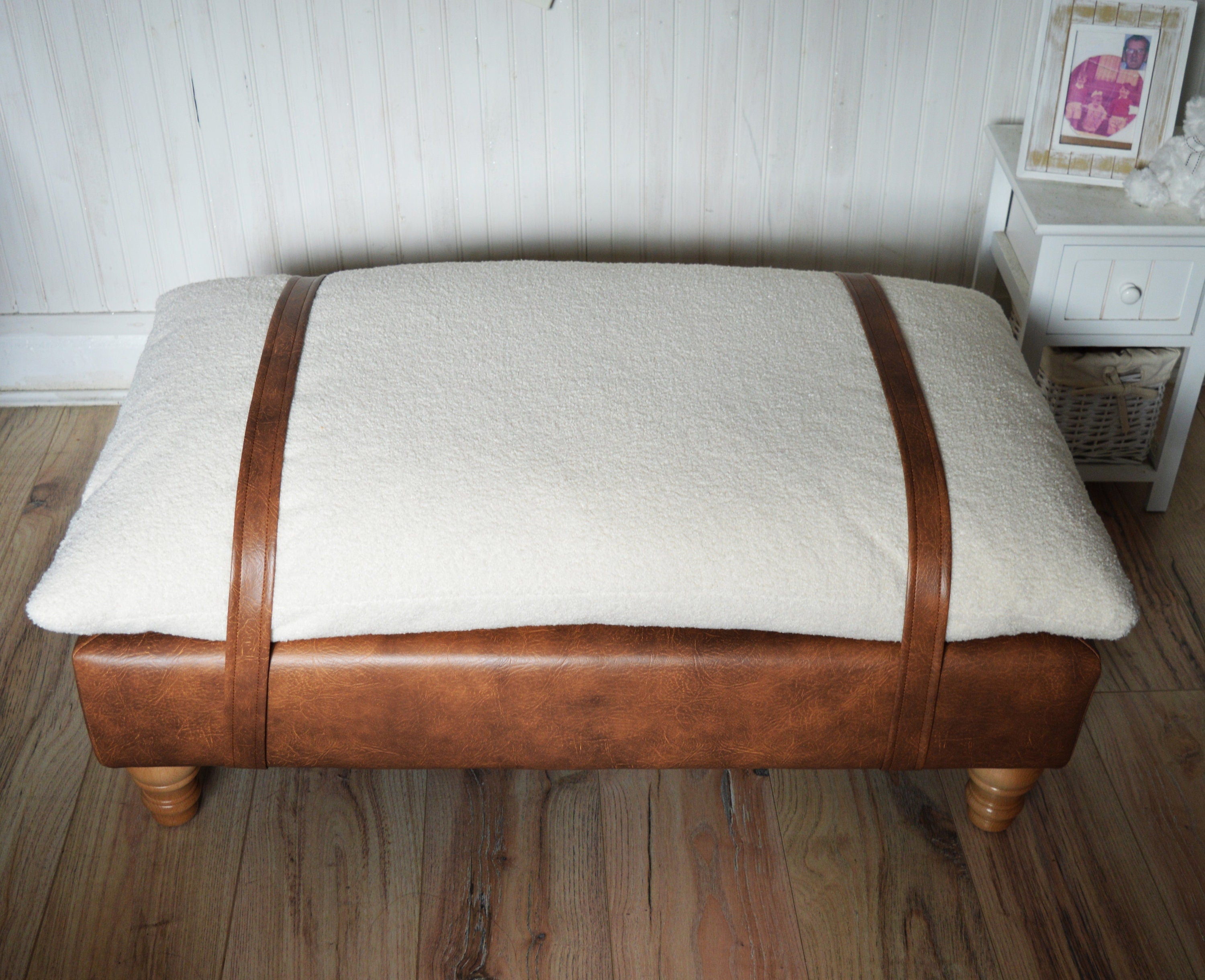 Mayfair Footstool  in Ivory Boucle Fabric And Premium Tan Faux Leather With Natural Oak Legs
