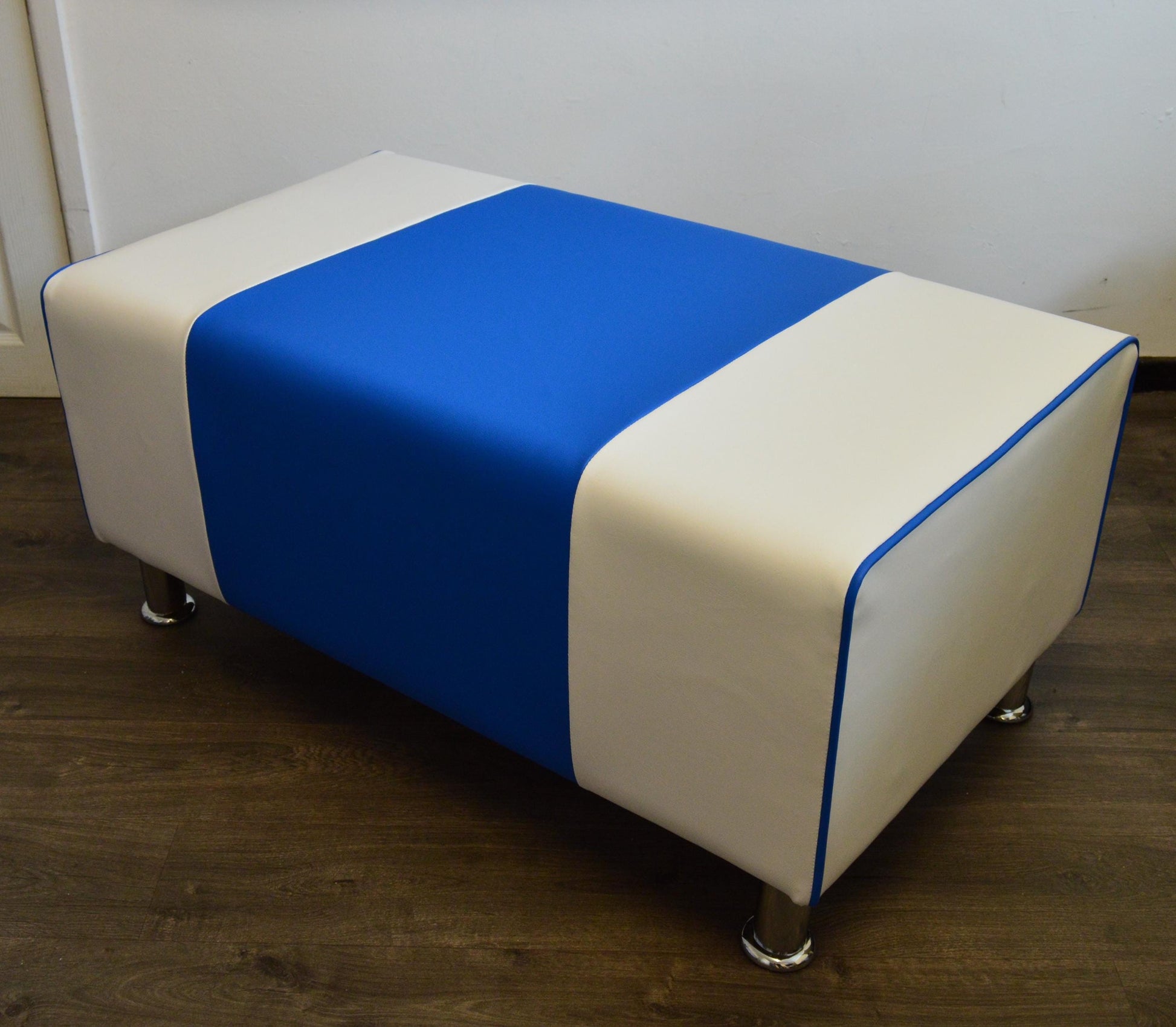 2 Str Size High Seating Bench Footstool American Diner Design With Fix To Wall Back Cushion in Blue and White Faux Leather With Chrome Legs.