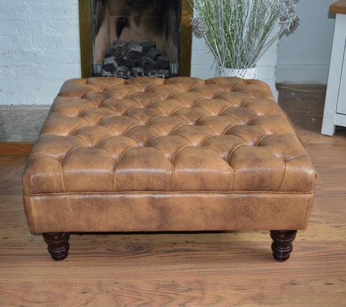 A Chesterfield Design Deep Buttoned Square Footstool in Premium Tan Faux Leather