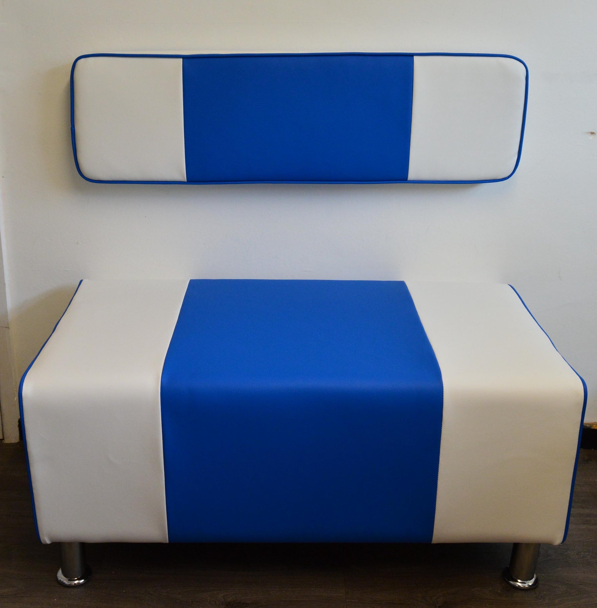 2 Str Size High Seating Bench Footstool American Diner Design With Fix To Wall Back Cushion in Blue and White Faux Leather With Chrome Legs.