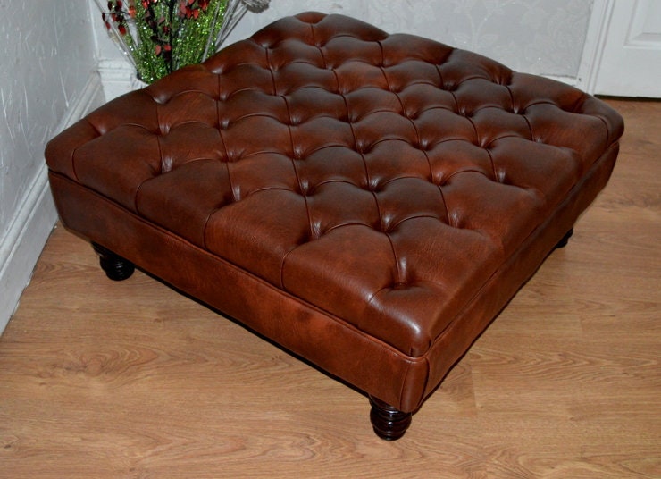 Square Chesterfield Style Deep Buttoned Footstool in Premium Chestnut Faux Leather With Turned Hardwood Legs